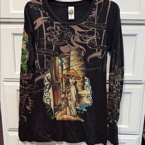 Ed Hardy Black Long Sleeve Tee with Multicolor Design